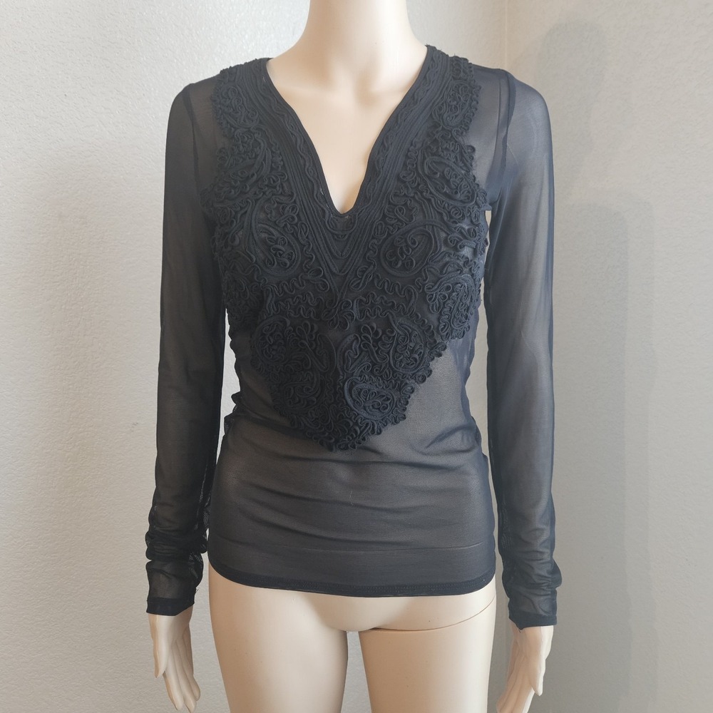 Dark Romantic Bodycon Goth Coquette Sheer Long Sleeve Black Top Sz M Forever 21